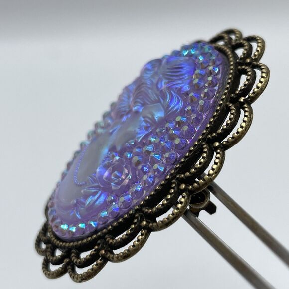 Antique Gold Tone Iridescent Rainbow Clear Cameo Brooch Stunning Cute Victorian - Picture 2 of 6